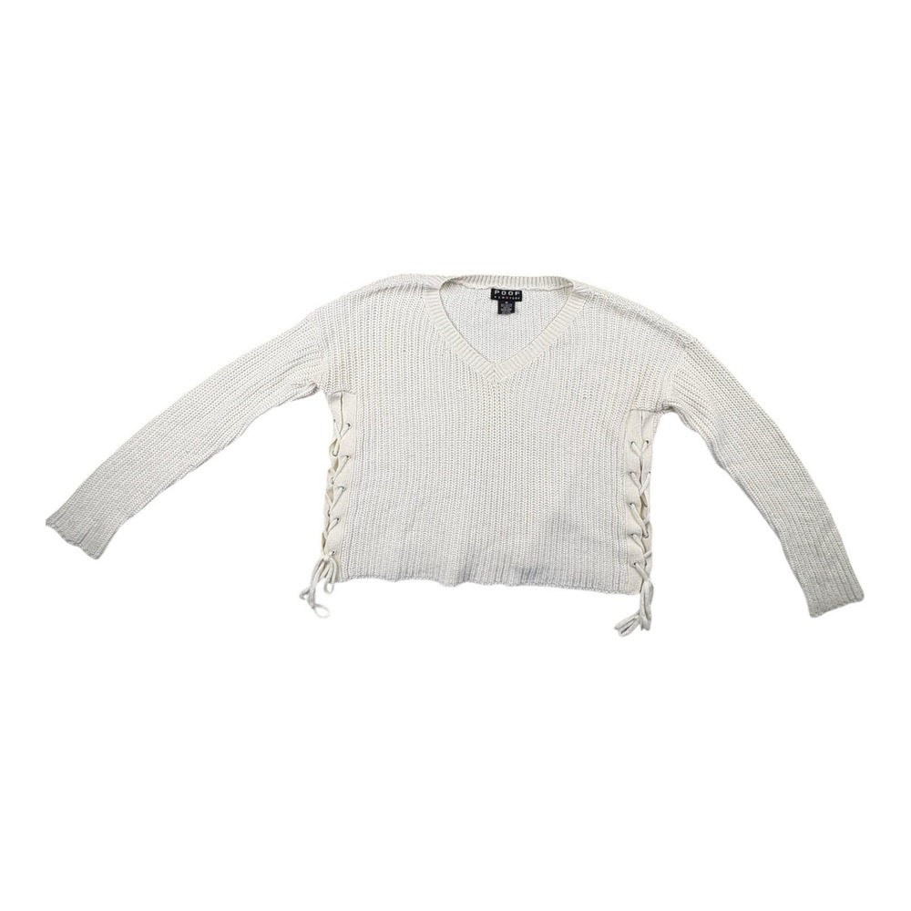 Poof NY Ivory‎ Knit Sweater M Lace-Up Sides V-Neck Long Sleeve